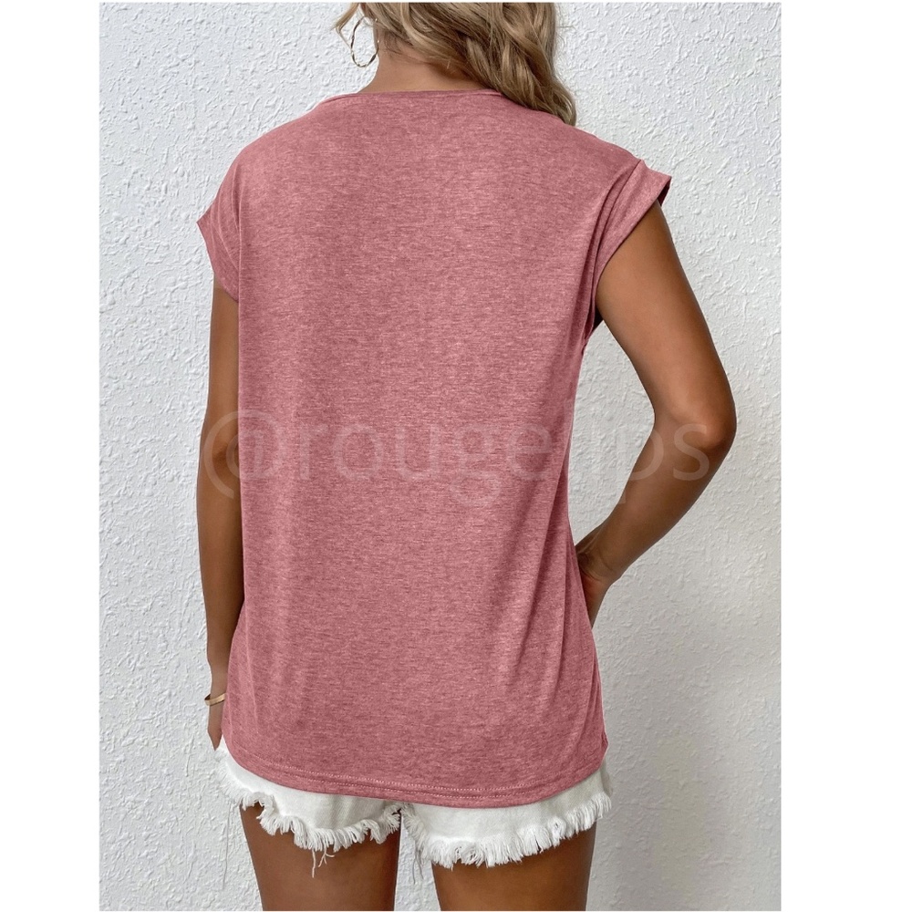 Pink Crew Neck Muscle Tee Top Shirt Cap Sleeve, Round Neck - Picture 6 of 8
